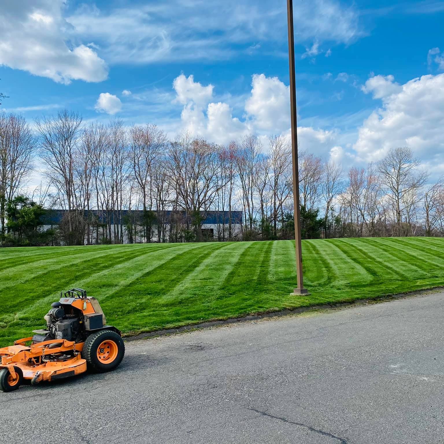 good lawn care shown on a striped roadside lawn with a mower parked in the foreground